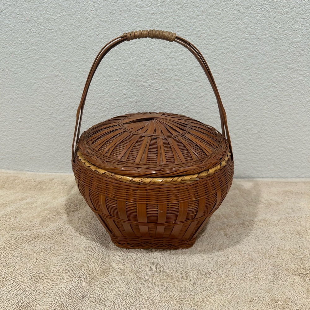 Vintage Handcrafted Vintage Bamboo and Wicker Lidded Brown Basket
